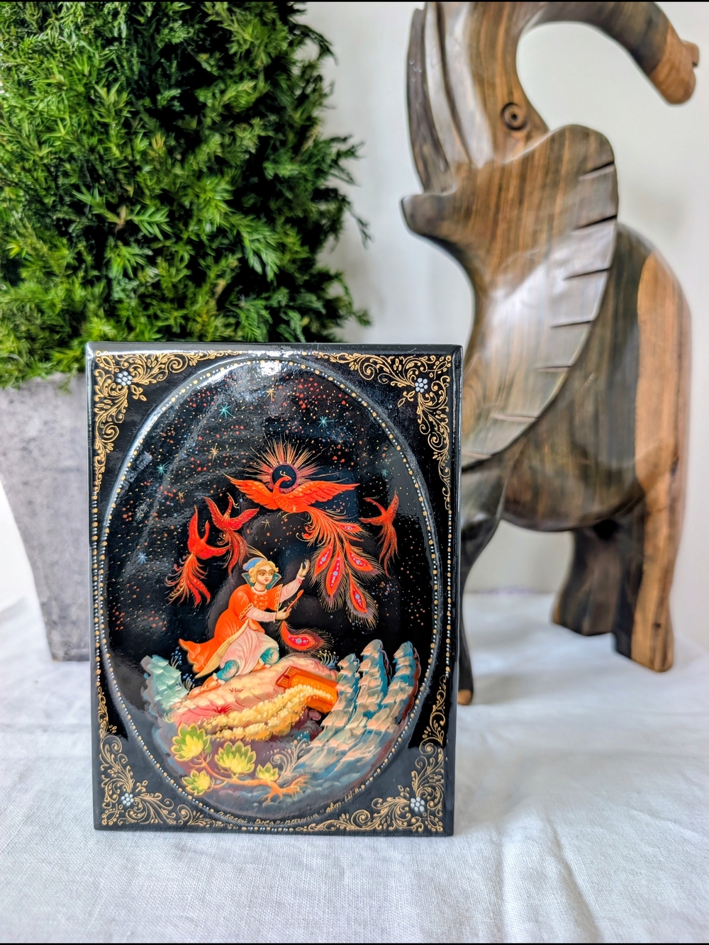 Vintage 1996 Russian Lacquer Papier Mache Box Signed Kholui Firebird handpainted